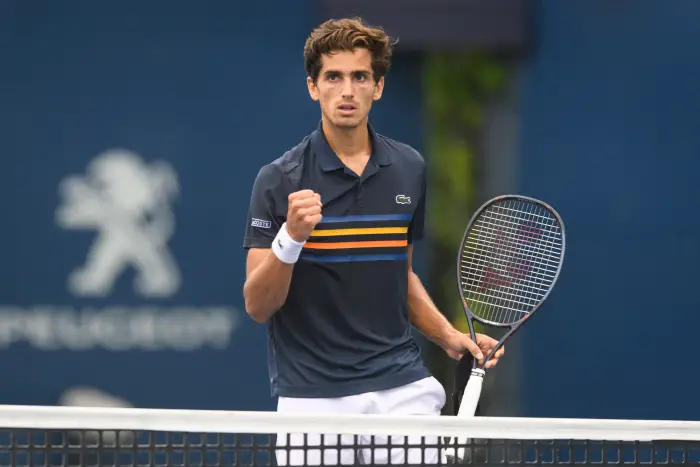 TORONTO, ON - AUGUST 06: Pierre-Hugues Herbert (FRA) celebrates his win during his first round match of the Rogers Cup tennis tournament on August 6, 2018, at Aviva Centre in Toronto, ON, Canada.