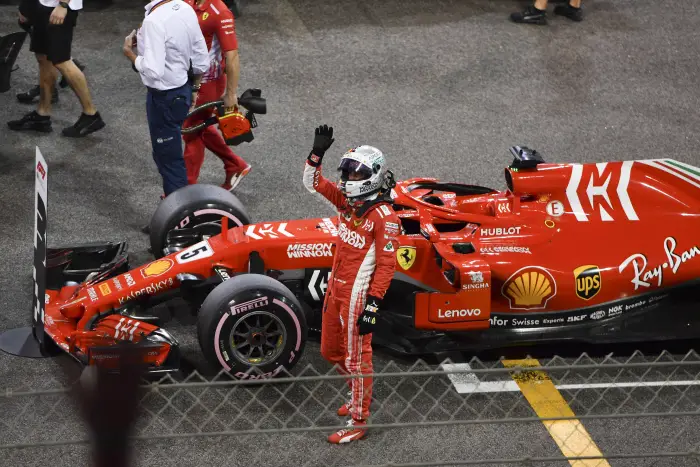 Sebastian Vettel, Ferrari SF71H celebrates in Parc Ferme at Formula One World Championship, Rd21, Abu Dhabi Grand Prix, Qualifying, Yas Marina Circuit, Abu Dhabi, UAE, Saturday 24 November 2018.
