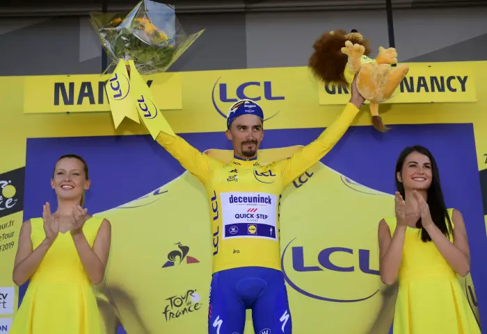 ALAPHILIPPE Julian (FRAHof DECHNINCK - QUICK - STEP pictured with the yellow jersey during the podium ceremony of stage 4 of the 106th edition of the 2019 Tour de France cycling race, a stage of 213,5 kms with start in Reims and finish in Nancy on July 09, 2019 in Nancy, France, 9/07/2019