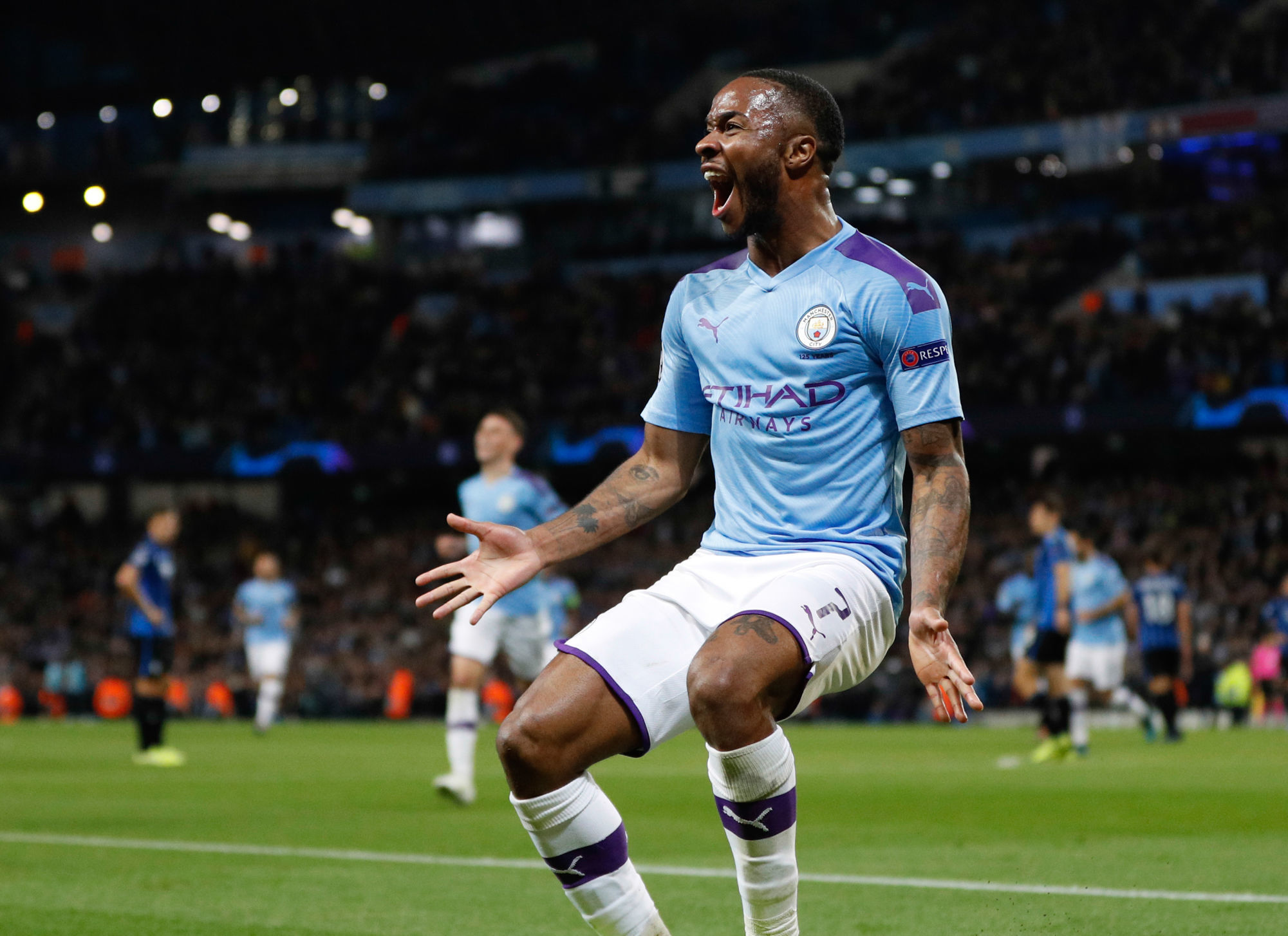 Raheem Sterling of Manchester City celebrates his hatrick goal during the UEFA Champions League match at the Etihad Stadium, Manchester. Picture date: 22nd October 2019. Picture credit should read: Darren Staples/Sportimage 

Photo by Icon Sport - Raheem STERLING - Etihad Stadium - Manchester (Angleterre)