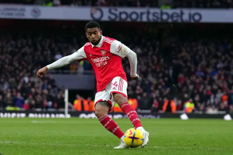 Arsenal's Reiss Nelson scores his sides third goal during the Premier League match at the Emirates Stadium, London. Picture date: Saturday March 4, 2023. - Photo by Icon sport