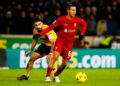 17th January 2023; Molineux Stadium, Wolverhampton, West Midlands, England; FA Cup Football, Wolverhampton Wanderers versus Liverpool; Thiago Alcantara of Liverpool holds off Ruben Neves of Wolverhampton Wanderers - Photo by Icon sport