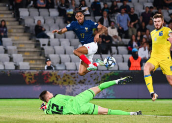 Bradley BARCOLA of France and Anatoliy TRUBIN of Ukraine during the Quarter Final U21 EURO 2023 match between France v Ukraine on July 2, 2023 in Cluj-Napoca, Romania. (Photo by Anthony Dibon/Icon Sport)