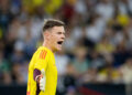 20 June 2023, North Rhine-Westphalia, Gelsenkirchen: Soccer: Internationals, Germany - Colombia, Veltins Arena. Germany goalkeeper Marc-Andre ter Stegen directs his front men. IMPORTANT NOTE: In accordance with the regulations of the DFL Deutsche Fu - Photo by Icon sport