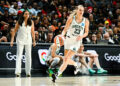 Aug 15, 2023; Las Vegas, Nevada, USA; New York Liberty guard Marine Johannes (23) dribbles up the court against the Las Vegas Aces at Michelob Ultra Arena. Mandatory Credit: Candice Ward-USA TODAY Sports/Sipa USA   - Photo by Icon sport