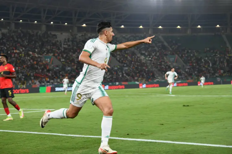 Baghdad Bounedjah of Algeria celebrates goal with teammates during the 2023 Africa Cup of Nations match between Algeria and Angola held at Peace Stadium in Bouake, Cote dIvoire on 15 January 2024 Djaffar Ladjal/Sports Inc - Photo by Icon Sport