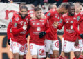 02 Bradley LOCKO (sb29) - 45 Mahdi CAMARA (sb29) - 08 Hugo MAGNETTI (sb29) during the Ligue 1 Uber Eats match between Stade Brestois 29 and Montpellier Herault SC at Stade Francis Le Ble on January 14, 2024 in Brest, France. (Photo by Loic Baratoux/FEP/Icon Sport)