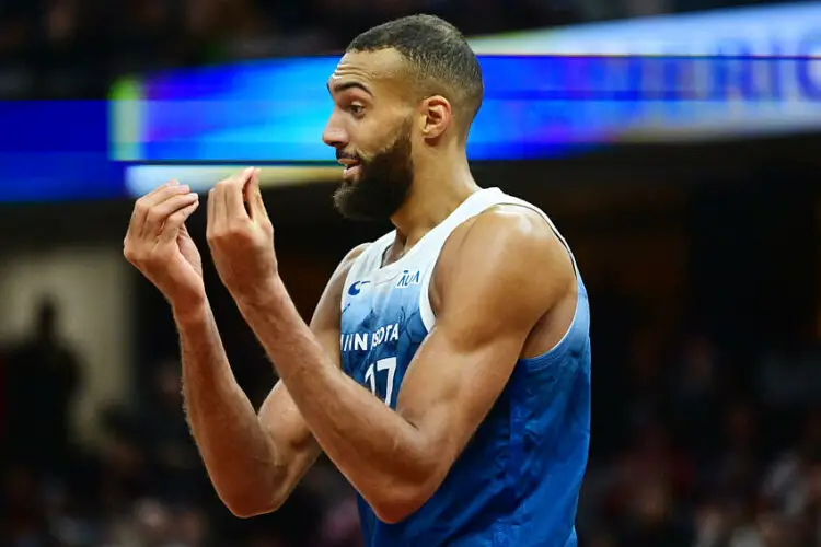 Mar 8, 2024; Cleveland, Ohio, USA;  Minnesota Timberwolves center Rudy Gobert (27) reacts after fouling out during the second half against the Cleveland Cavaliers at Rocket Mortgage FieldHouse. Mandatory Credit: Ken Blaze-USA TODAY Sports/Sipa USA   - Photo by Icon Sport