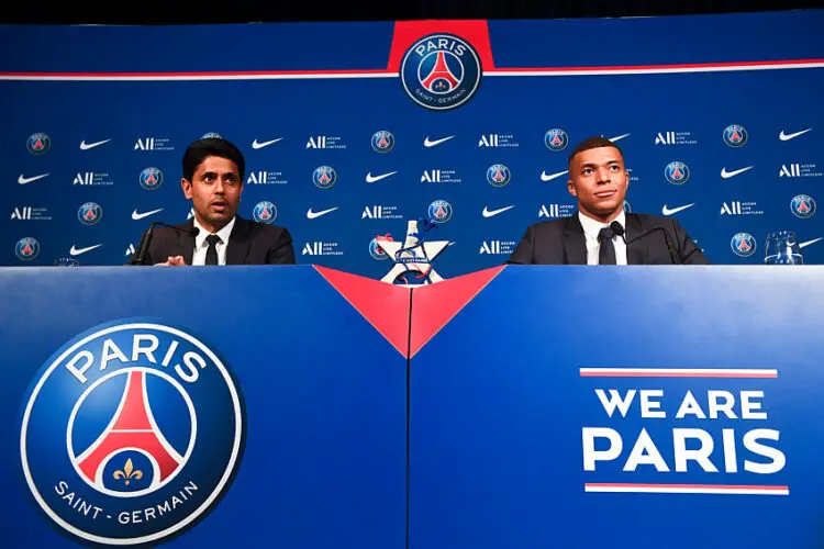 Nasser al Khelaifi (President PSG) - 07 Kylian MBAPPE (psg) during the Press Conference of Paris Saint-Germain at Parc des Princes on May 23, 2022 in Paris, France. (Photo by Philippe Lecoeur/FEP/Icon Sport) - Photo by Icon sport   - Photo by Icon Sport