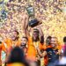 Berkane captain Issoufou Dayo lifts the Trophy as Berkane celebrate winning the 2022 CAF Super Cup during the 2022 CAF Super Cup match between Wydad Athletic Club and Berkane held at the Prince Moulay Abdallah Stadium in Rabat, Morocco on 10 September 2022 ©nour Akanja/Sports Inc - Photo by Icon sport   - Photo by Icon Sport