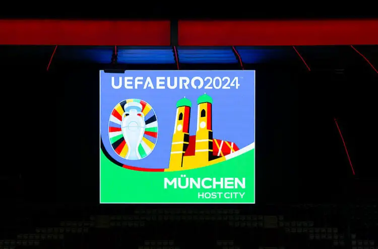 22 April 2024, Bavaria, Munich: The UEFA Euro 2024 logo for the "Host City" Munich can be seen on a display board in the Allianz Arena. Federal Minister of the Interior Faeser visited all ten German host cities for the 2024 European Football Championship as part of a tour. The opening match of the European Championship will take place in Munich on June 14, 2024. Photo: Sven Hoppe/dpa   - Photo by Icon Sport