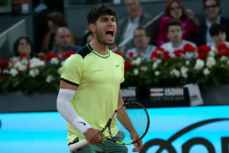 Carlos Alcaraz Garfia of Spain plays against Andrey Rublev of Russia during the Mutua Madrid Open 2024 tournament at La Caja Magica. Final score; Carlos Alcaraz Garfia 1:2 Andrey Rublev. (Photo by David Canales / SOPA Images/Sipa USA)   - Photo by Icon Sport
