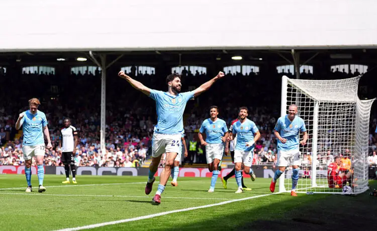 Manchester City's Josko Gvardiol celebrates scoring their side's third goal of the game during the Premier League match at Craven Cottage, London. Picture date: Saturday May 11, 2024.   - Photo by Icon Sport