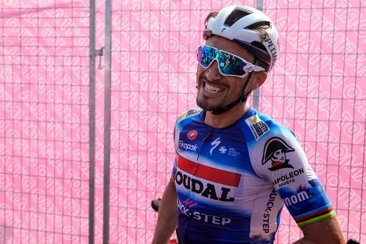 Alaphilippe Julian (Team Soudal - Quickstep) celebrates his victory after winning the 12th stage of the Giro D'Italia, tour of Italy cycling race, from Martinsicuro to Fano Italy, Thursday, May 16, 2024. Sport - cycling . (Photo by Marco Alpozzi/Lapresse)   - Photo by Icon Sport