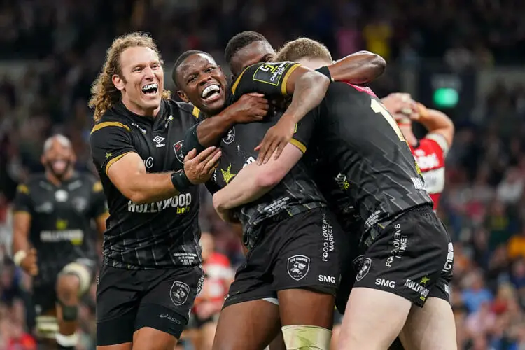 Hollywoodbet Sharks' Aphelele Fassi celebrates after scoring their side's second try of the game during the EPCR Challenge Cup final at the Tottenham Hotspur Stadium, London. Picture date: Friday May 24, 2024.   - Photo by Icon Sport