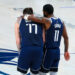 May 26, 2024; Dallas, Texas, USA; Dallas Mavericks guard Luka Doncic (77) and Dallas Mavericks guard Kyrie Irving (11) hug during the fourth quarter against the Minnesota Timberwolves during game three of the western conference finals for the 2024 NBA playoffs at American Airlines Center. Mandatory Credit: Kevin Jairaj-USA TODAY Sports/Sipa USA   - Photo by Icon Sport