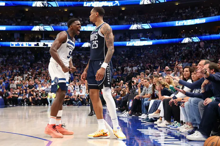 May 28, 2024; Dallas, Texas, USA; Minnesota Timberwolves guard Anthony Edwards (5) reacts in front of Dallas Mavericks forward P.J. Washington (25) during the fourth quarter of game four of the western conference finals for the 2024 NBA playoffs at American Airlines Center. Mandatory Credit: Kevin Jairaj-USA TODAY Sports/Sipa USA   - Photo by Icon Sport