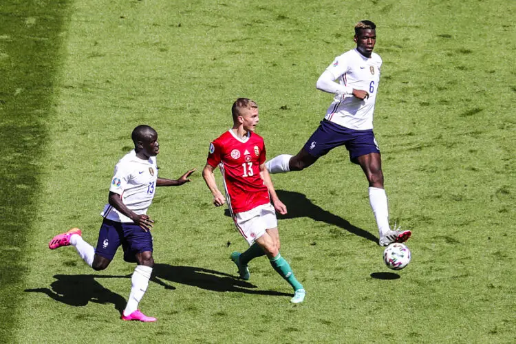 Budapest, Hungary, June 19th 202 Paul Pogba, N'golo Kante and Andras Schafer of Hungary during the EURO 2020 Group F football match between Hungary and France in the Ferenc Puskas Stadium in Budapest Hungary  (Photo by Gabor Sas/ SPP/Sipa USA)  Photo by Icon Sport   - Photo by Icon Sport