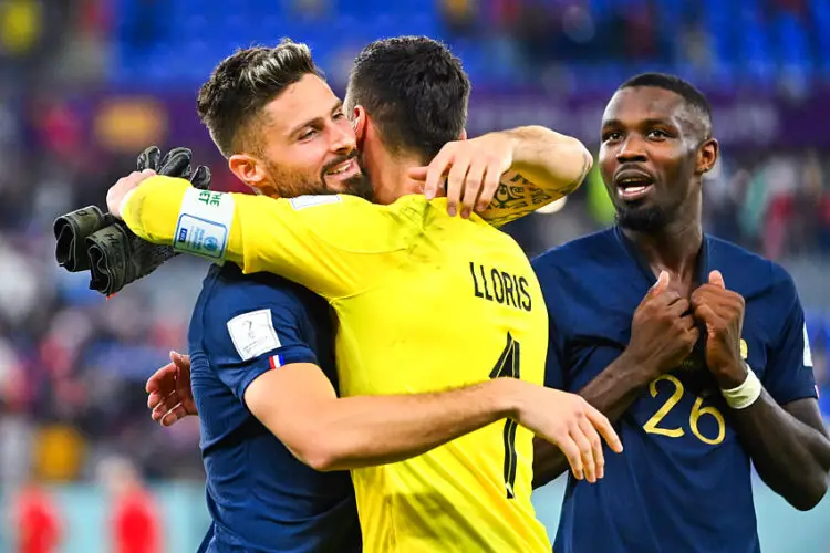 Marcus THURAM of France, Hugo LLORIS of France and Olivier GIROUD of France celebrate during the FIFA World Cup, group d match between France and Denmark at Stadium 974 on November 26, 2022 in Doha, Qatar. (Photo by Anthony Dibon/Icon Sport)   - Photo by Icon Sport