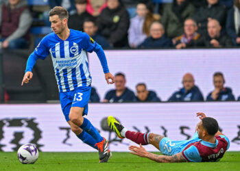 13th April  2024; Turf Moor, Burnley, Lancashire, England; Premier League Football, Burnley versus Brighton and Hove Albion;  Pascal Grob of Brighton skips the late tackle from Vitinho of Burnley Photo by Icon Sport   - Photo by Icon Sport