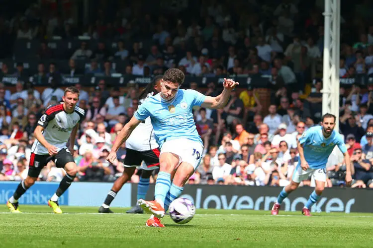 11th May 2024; Craven Cottage, Fulham, London, England; Premier League Football, Fulham versus Manchester City; Julian Alvarez of Manchester City scores from a penalty kick in the 90+6th minute for 0-4.   - Photo by Icon Sport