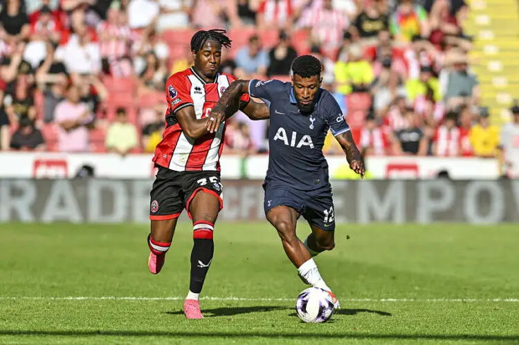 19th May 2024; Bramall Lane, Sheffield, England; Premier League Football, Sheffield United versus Tottenham Hotspur; Andre Brooks of Sheffield challenges Emerson Royal of Spurs   - Photo by Icon Sport