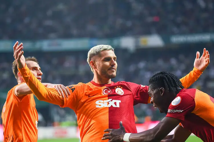 Mauro Icardi (9) of Galatasaray celebrates after scoring the first goal of his team during the Turkish Super League match between Konyaspor and Galatasaray at Konya Buyuksehir Stadium on May 26, 2024 in Konya Turkey. ( Photo by Seskimphoto )   - Photo by Icon Sport