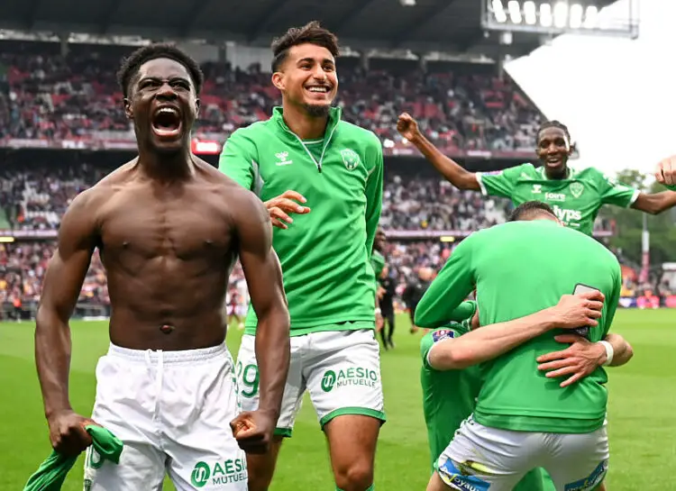 10 Nathanael MBUKU (asse) - 29 Aimen MOUEFFEK (asse) during the Ligue 1 Uber Eats Playoffs second leg match between Metz and Saint-Etienne at Stade Saint-Symphorien on June 2, 2024 in Metz, France.(Photo by Anthony Bibard/FEP/Icon Sport)   - Photo by Icon Sport