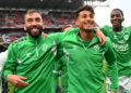 05 Florian TARDIEU (asse) - 29 Aimen MOUEFFEK (asse) - 26 Lamine FOMBA (asse) during the Ligue 1 Uber Eats Playoffs second leg match between Metz and Saint-Etienne at Stade Saint-Symphorien on June 2, 2024 in Metz, France.(Photo by Anthony Bibard/FEP/Icon Sport)   - Photo by Icon Sport