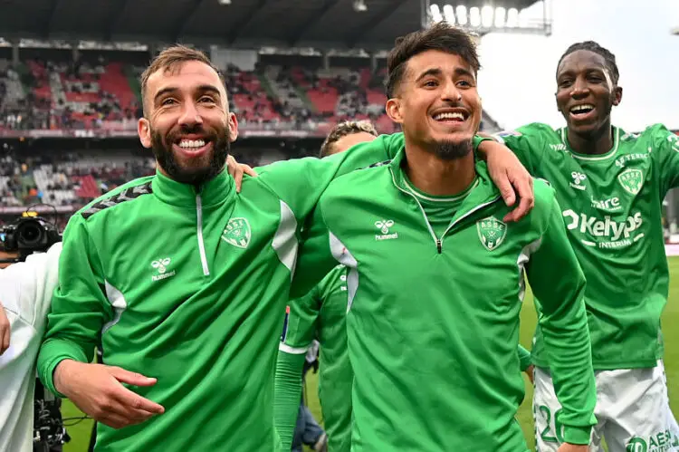 05 Florian TARDIEU (asse) - 29 Aimen MOUEFFEK (asse) - 26 Lamine FOMBA (asse) during the Ligue 1 Uber Eats Playoffs second leg match between Metz and Saint-Etienne at Stade Saint-Symphorien on June 2, 2024 in Metz, France.(Photo by Anthony Bibard/FEP/Icon Sport)   - Photo by Icon Sport