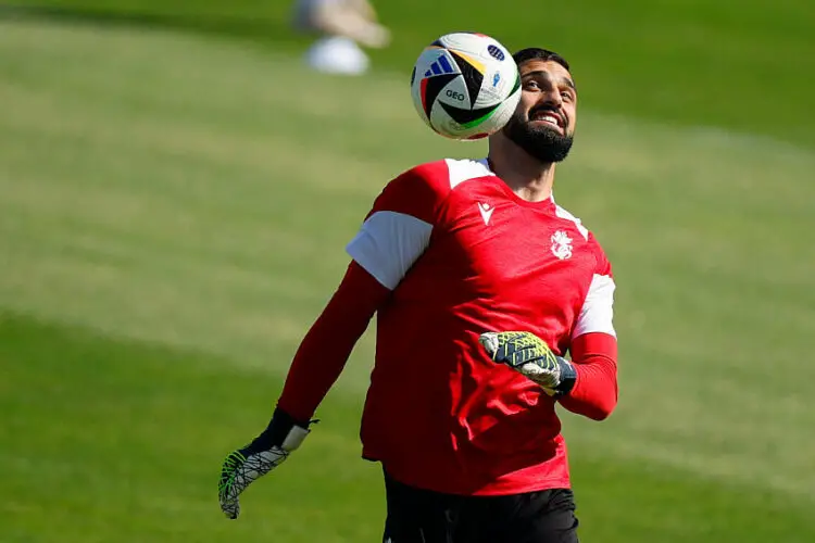 Georgia's goalkeeper Giorgi Mamardashvili takes part during a training session in Velbert, Germany, 28 June 2024. The team prepares its Euro2024 round of 16 soccer game against Spain on next 30 June. Efe/ABACAPRESS.COM// Alberto Estevez   - Photo by Icon Sport