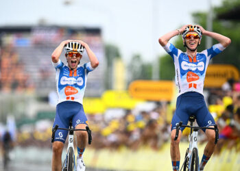 Dutch Frank van den Broek of Team DSM-Firmenich PostNL and French Romain Bardet of Team DSM-Firmenich PostNL celebrate as they cross the finish line and Bardet wins stage 1 of the 2024 Tour de France cycling race, from Florence, Italy to Rimini, Italy (206 km) on Saturday 29 June 2024. The 111th edition of the Tour de France starts on Saturday 29 June and will finish in Nice, France on 21 July.  BELGA PHOTO JASPER JACOBS   - Photo by Icon Sport