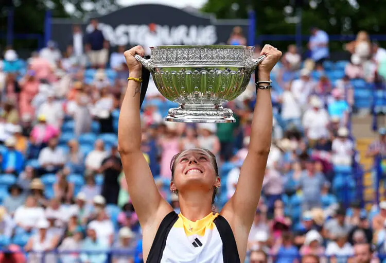 Daria Kasatkina celebrates with the trophy after victory against Leylah Fernandez in the Women's Final on day eight of the Rothesay International at Devonshire Park, Eastbourne. Picture date: Saturday June 29, 2024.   - Photo by Icon Sport
