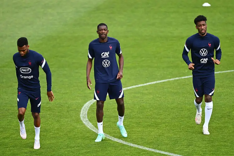 Thomas Lemar, Ousmane Dembélé et Kingsley Coman avec les Bleus en 2021 - Photo by Icon Sport