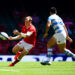 Wales' Nick Tompkins (left) gets the ball away from Argentina's Santiago Medrano during the Summer Series match at the Principality Stadium, Cardiff. Picture date: Saturday July 17, 2021.    Photo by Icon Sport   - Photo by Icon Sport