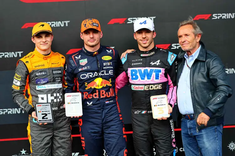 Top three in Sprint parc ferme (L to R): Oscar Piastri (AUS) McLaren, second; Max Verstappen (NLD) Red Bull Racing, winner; Pierre Gasly (FRA) Alpine F1 Team, third; Jacky Ickx (BEL). 29.07.2023. Formula 1 World Championship, Rd 13, Belgian Grand Prix, Spa Francorchamps, Belgium, Sprint Day. - www.xpbimages.com, EMail: requests@xpbimages.com © Copyright: Moy / XPB Images - Photo by Icon sport   - Photo by Icon Sport