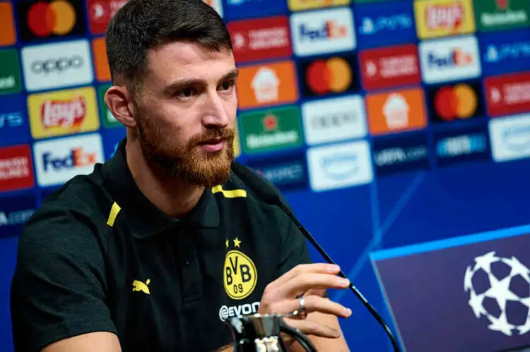 06 November 2023, North Rhine-Westphalia, Dortmund: Soccer: Champions League, before the match between Borussia Dortmund and Newcastle United. Salih zcan sits on the podium at a press conference. Photo: Bernd Thissen/dpa - Photo by Icon sport   - Photo by Icon Sport