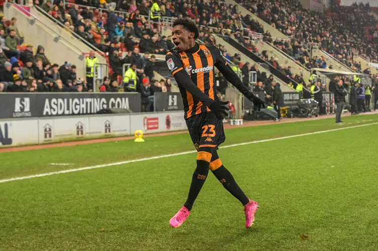 Jaden Philogene-Bidace of Hull City celebrates after scoring his sides first goal during the Sky Bet Championship match between Rotherham United and Hull City at the New York Stadium, Rotherham Picture by Matt Wilkinson/Focus Images Ltd 07814 960751 13/02/2024   - Photo by Icon Sport   - Photo by Icon Sport