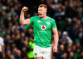 24 February 2024; Ciarán Frawley of Ireland celebrates during the Guinness Six Nations Rugby Championship match between Ireland and Wales at Aviva Stadium in Dublin. Photo by Seb Daly/Sportsfile   Photo by Icon Sport   - Photo by Icon Sport
