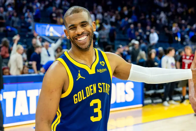 Apr 7, 2024; San Francisco, California, USA; Golden State Warriors guard Chris Paul (3) celebrates after beating the Utah Jazz at Chase Center. Mandatory Credit: Bob Kupbens-USA TODAY Sports/Sipa USA   - Photo by Icon Sport