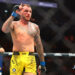 Apr 13, 2024; Las Vegas, Nevada, USA; Renato Moicano (blue gloves) reacts after defeating Jalin Turner (not pictured) during UFC 300 at T-Mobile Arena. Mandatory Credit: Mark J. Rebilas-USA TODAY Sports/Sipa USA   - Photo by Icon Sport