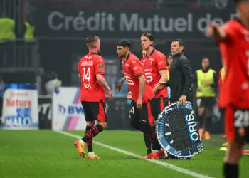 Benjamin BOURIGEAUD of Stade Rennais FC , Ibrahim SALAH of Stade Rennais FC and Bertug YILDIRIM of Stade Rennais FC during the Ligue 1 Uber Eats match between Rennes and Lens at Roazhon Park on May 12, 2024 in Rennes, France.(Photo by Christophe Saidi/FEP/Icon Sport)   - Photo by Icon Sport