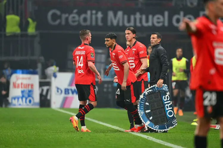 Benjamin BOURIGEAUD of Stade Rennais FC , Ibrahim SALAH of Stade Rennais FC and Bertug YILDIRIM of Stade Rennais FC during the Ligue 1 Uber Eats match between Rennes and Lens at Roazhon Park on May 12, 2024 in Rennes, France.(Photo by Christophe Saidi/FEP/Icon Sport)   - Photo by Icon Sport