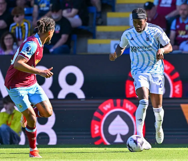 19th May 2024; Turf Moor, Burnley, Lancashire, England; Premier League Football, Burnley versus Nottingham Forest;  Anthony Elanga of Nottingham Forest takes on Lorenz Assignon of Burnley   - Photo by Icon Sport