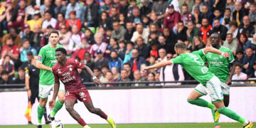 18 Lamine CAMARA (fcm) during the Ligue 1 Uber Eats Playoffs second leg match between Metz and Saint-Etienne at Stade Saint-Symphorien on June 2, 2024 in Metz, France.(Photo by Anthony Bibard/FEP/Icon Sport)   - Photo by Icon Sport