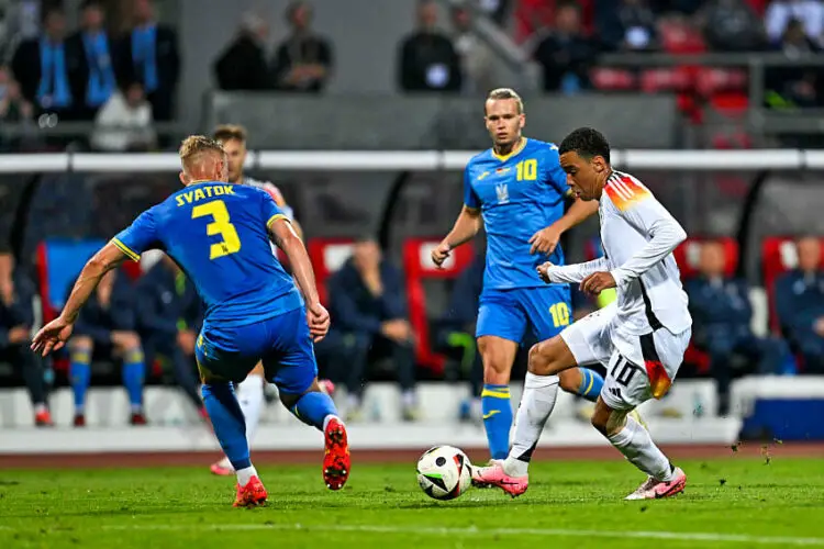 03.06.2024, Fussball Nationalteams Freundschaftsspiele 2024, Länderspiel, Deutschland - Ukraine, im Max-Morlock-Stadion (Nürnberg). Jamal Musiala (Deutschland) v.l. Oleksandr Svatok (Ukraine), Mykhaylo Mudryk (Ukraine), Jamal Musiala (Deutschland) und Viktor Tsygankov (Ukraine)    Photo by Icon Sport   - Photo by Icon Sport