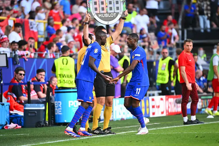 Ousmane DEMBELE of France and Randal KOLO MUANI of France during the UEFA Euro 2024 Group D match between France and Poland at Signal Iduna Park on June 25, 2024 in Dortmund, Germany.(Photo by Anthony Dibon/Icon Sport)   - Photo by Icon Sport