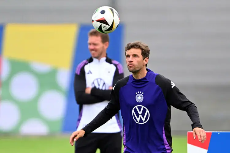 02 July 2024, Bavaria, Herzogenaurach: Soccer, UEFA Euro 2024, European Championship, Germany, training, Germany's Thomas Müller during training. Photo: Federico Gambarini/dpa   - Photo by Icon Sport