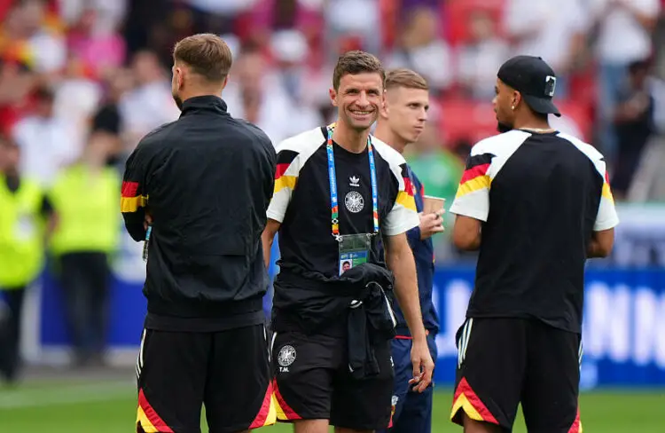 Germany?s Thomas Muller (right) arrives ahead of the UEFA Euro 2024, quarter-final match at the Stuttgart Arena in Stuttgart, Germany. Picture date: Friday July 5, 2024.   - Photo by Icon Sport