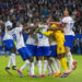 The French players celebrate after the 2024 UEFA EURO Quarter-finals match between Portugal and France at Volksparkstadion in Hamburg, Germany on July 5, 2024 (Photo by Andrew SURMA/ SIPA USA).   - Photo by Icon Sport